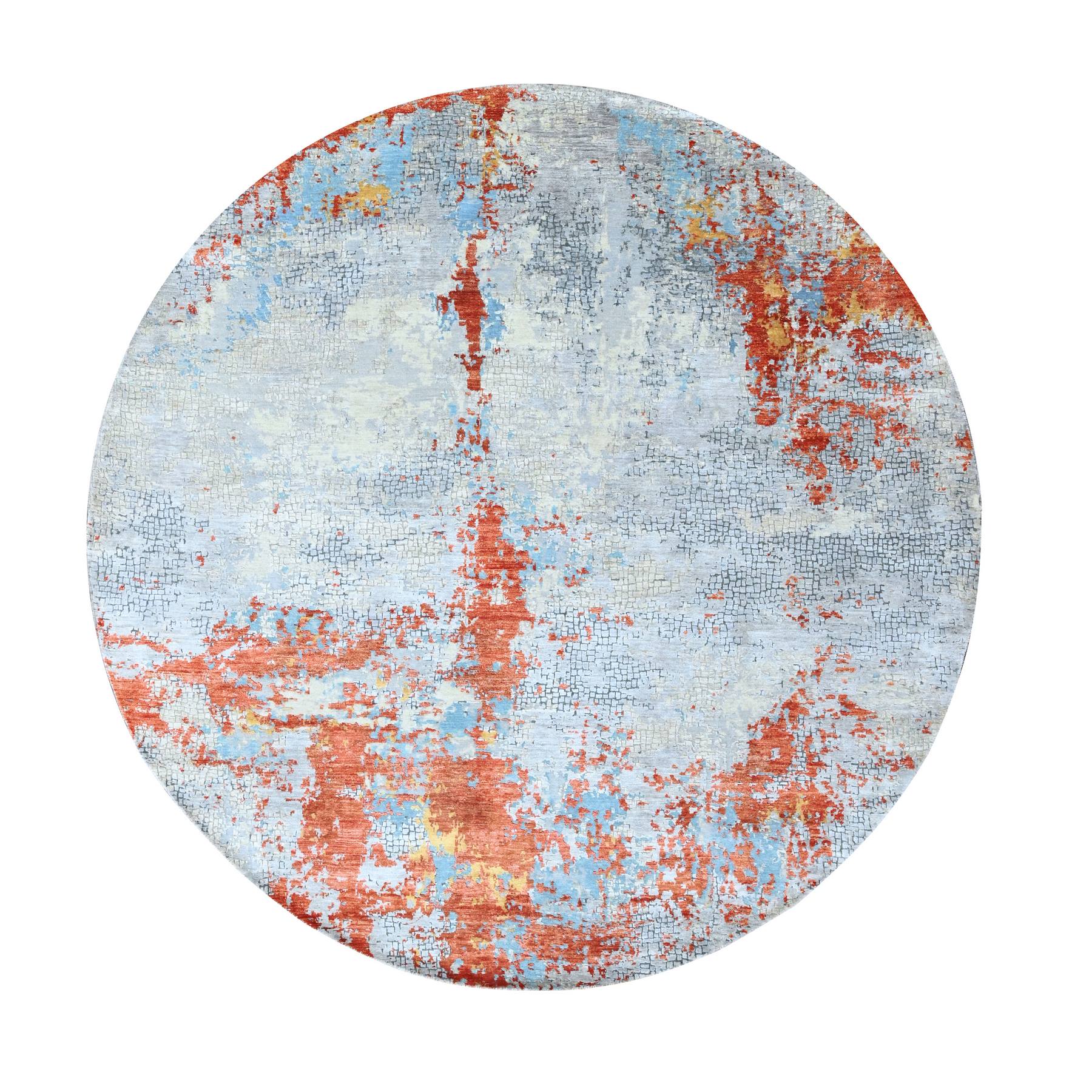 Rust Orange with Blue, Abstract with Fire Mosaic Design, Wool and Silk, Hand Knotted, Round, Oriental Rug